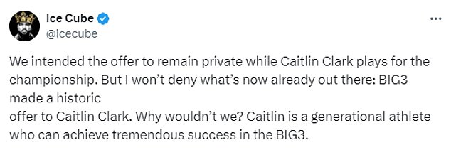 Caitlin Clark addresses Ice Cubes 5million Big3 offer as Iowa
