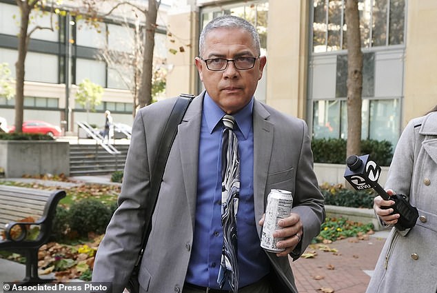 Ray J Garcia, pictured, is serving a six-year sentence for sexually abusing three female inmates while working as a warden. He is pictured outside an Oakland court where he was found guilty in November. He was convicted of assaulting inmates and forcing them to pose naked