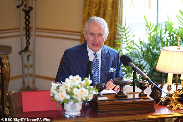 King Charles III during the recording of the King's audio message which was played at the Royal Holy Service at Worcester Cathedral on Thursday.