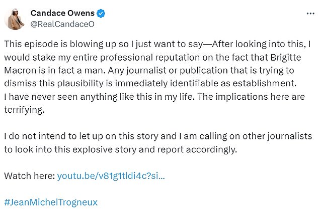 Candace Owens said Tuesday that she would be willing to bet her career on French President Emmanuel Macron's wife being born a man.