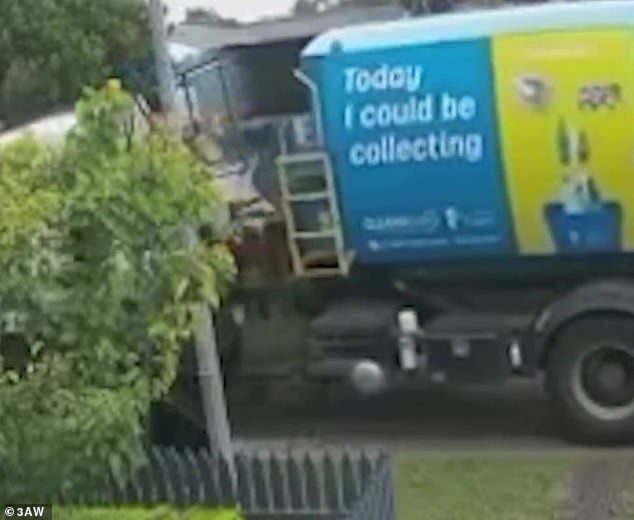 Renee claims she was fined $2,000 by her council because the basketball hoop is on the council-owned nature strip outside her house (pictured is the garbage truck hitting the hoop)