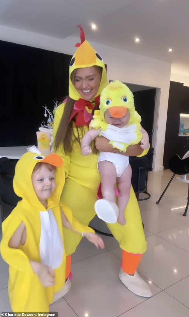 Charlotte Dawson, 31, and her two sons Jude, seven months, and Noah, three, were hilariously dressed as bright yellow chickens to celebrate the Easter weekend.