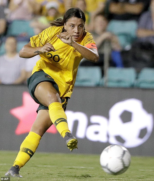 Australia's Samantha Kerr plays against New Zealand during a Nations Cup soccer match in Sydney, Australia.