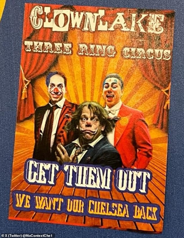 Todd Boehly, Behdad Eghbali and Jose Feliciano have been portrayed as clowns in a brutal sticker campaign aimed at Chelsea's owners after the club's on-field struggles.