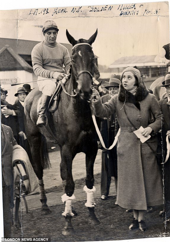 Racehorse GOLDEN MILLER 1935 for the fourth consecutive year, Golden Miller's favorite for the Grand National, yesterday won the Cheltenham Gold Cup. The picture shows him with his owner, Miss Dorothy Paget (Golden Miller passed away on January 57).
