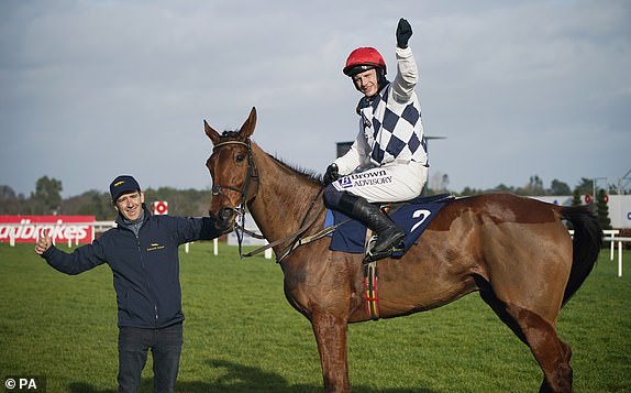 Jockey Paul Townend celebrates with horse Ballyburn and Groomer Donal Redmond after winning the Tattersalls Ireland 50th Derby Sale Novice Hurdle during day two of the 2024 Dublin Racing Festival at Leopardstown Racecourse. Photo date: Sunday February 4, 2024.