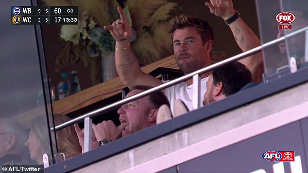 Chris Hemsworth is well known for his love of the Western Bulldogs.  And the Hollywood superstar had a prime seat at the AFL team's match against the West Coast Eagles at Marvel Stadium on Sunday.  In the photo