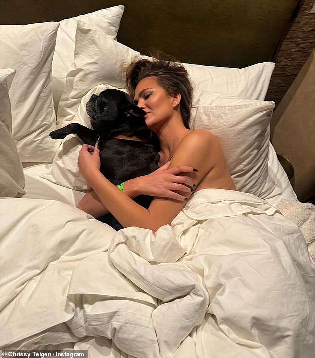 Chrissy Teigen revealed a racy photo of herself when she shared an update on her busy week on Tuesday.  The 38-year-old model posed topless in a photo which showed her wrapped up under her thick blankets in bed while cuddling her dog Penny.