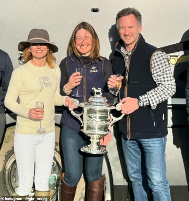 Geri and her husband Christian Horner were seen celebrating and holding the winner's trophy after their horse came first in one of the races.