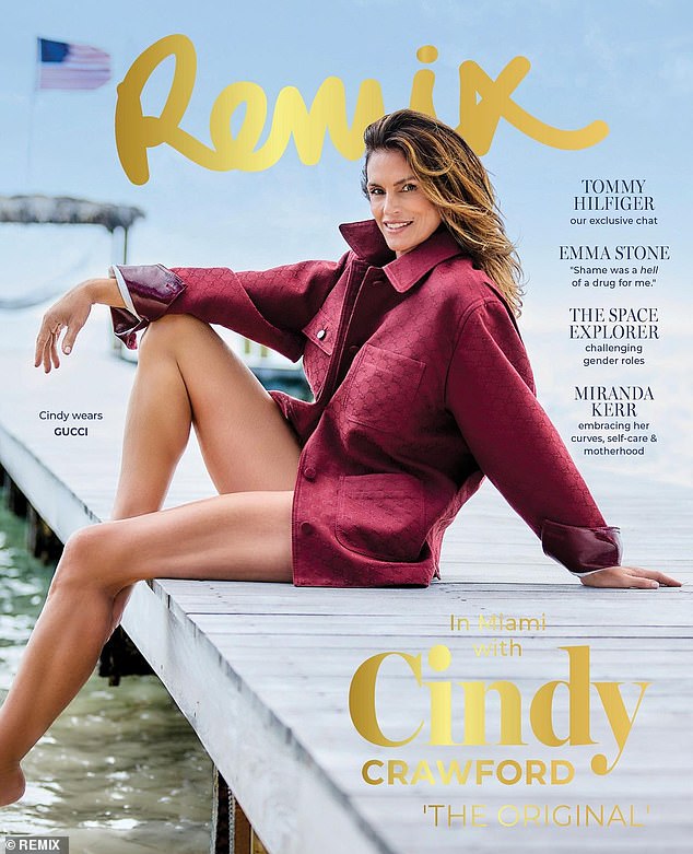 Cindy Crawford showed off her supermodel legs on the March cover of Remix, filmed on a private beach outside of Miami.