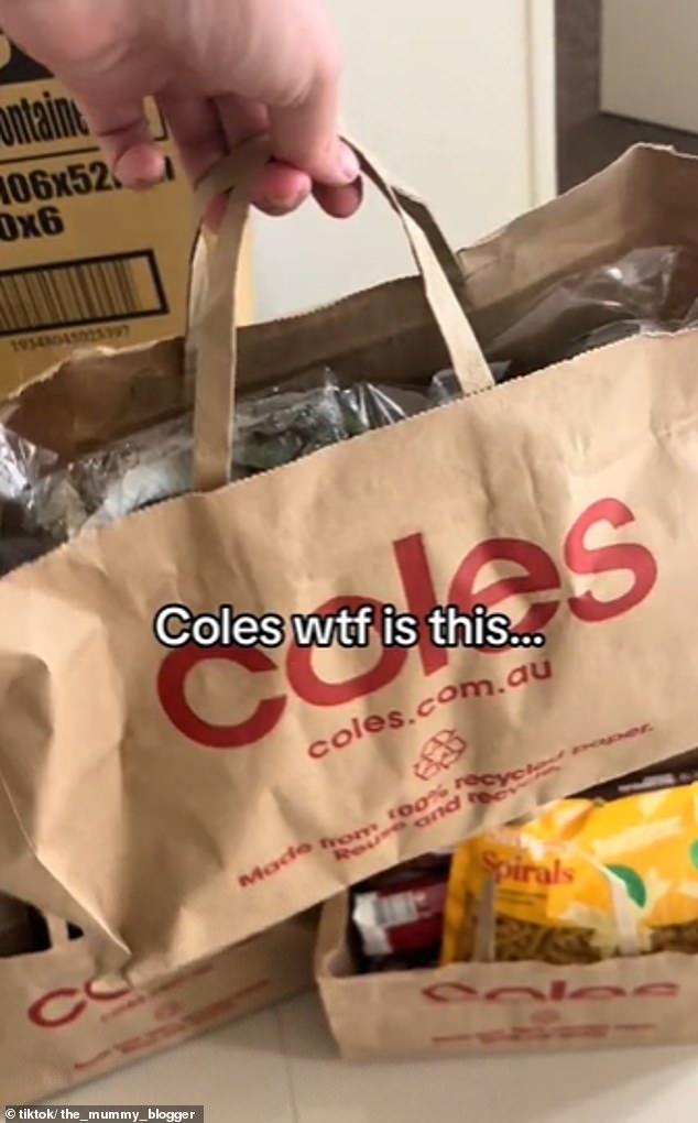 A Melbourne woman, known on social media as 'The Mummy Blogger', called Coles after her online order was delivered in half-size bags (pictured).