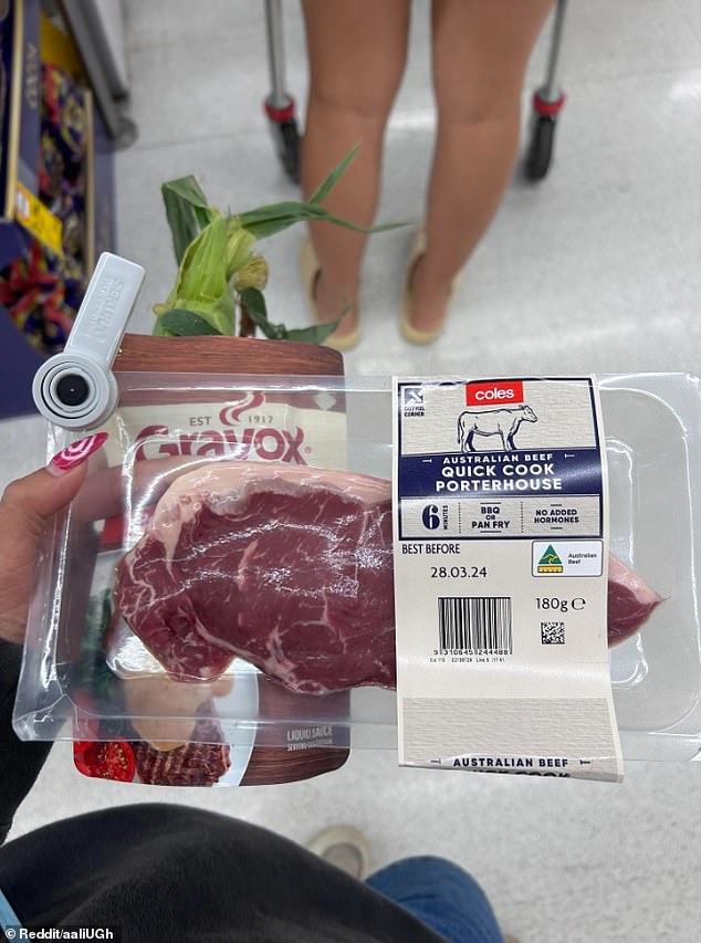 A customer was left shocked after they found safety stickers (pictured) on packets of steak stocked at a Coles supermarket