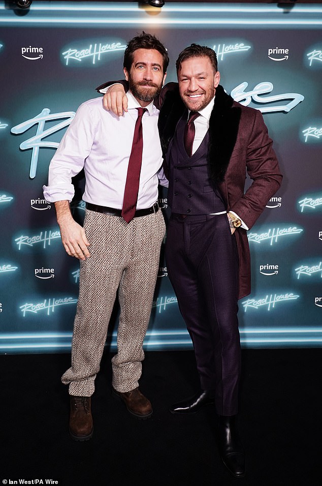 Conor McGregor, 35, posed with his co-star Jake Gyllenhaal, 43, at the star-studded screening of Road House at the Curzon in Mayfair, London on Thursday