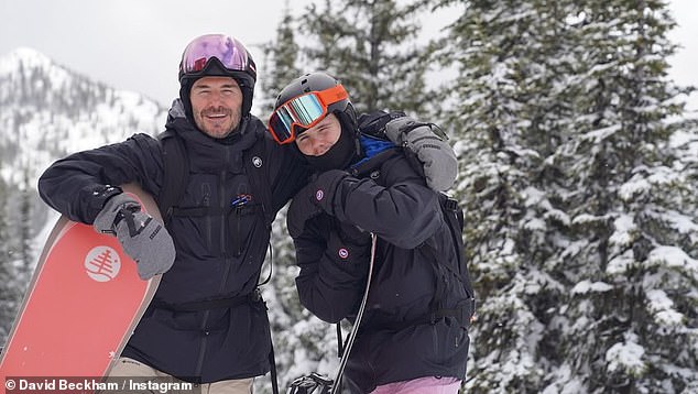 David Beckham, 48, 'face planted' the ground while snowboarding with his son Cruz, 19, and their friends in Fernie, British Columbia, Canada