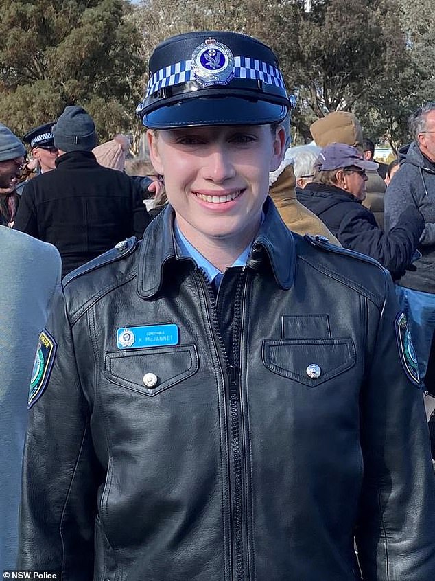 Probationary police constable Kiesha McJannet (pictured) has been praised by her superiors for saving a woman trapped in her sinking car near a popular Sydney beach.