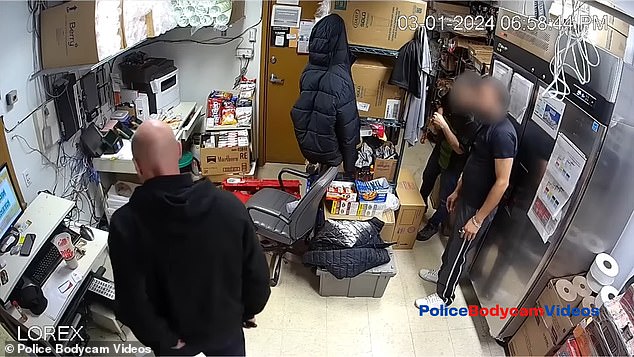 Alarming footage shows the moment a fleet of cops fired 36 shots at a would-be robber during a hostage situation at a 7-Eleven in Denver on March 1.  The suspect, identified as Christopher Cauch, 43, is seen here at left