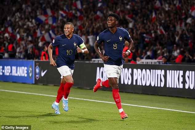 Aurelien Tchouameni (right) appeared to confirm that Kylian Mbappé (left) will join Real Madrid