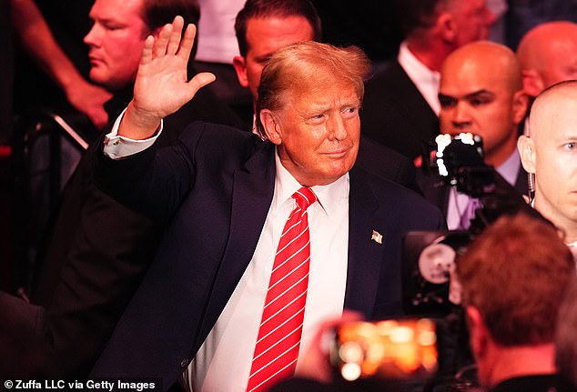 Donald Trump is seen attending during the UFC 299 event at the Kaseya Center