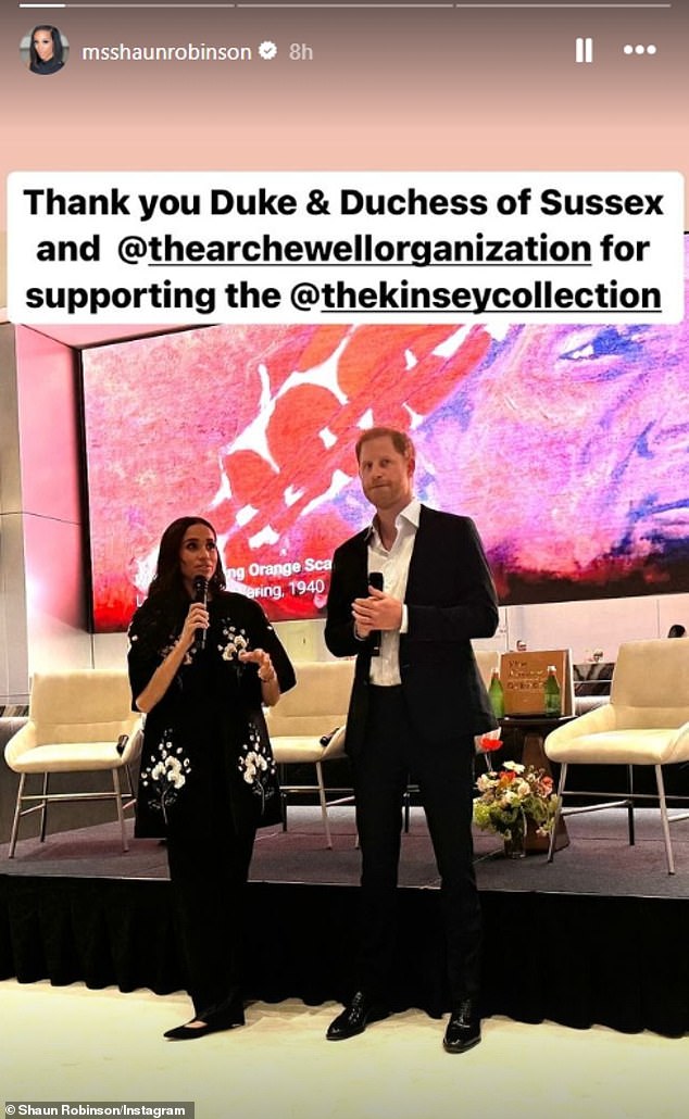 TV personality Shaun Robinson posted an image on Instagram today of Prince Harry and Meghan at the Kinsey African American Art and History Collection event at SoFi Stadium.