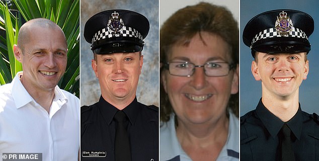 Constable Glen Humphris (far left), Senior Constable Kevin King, Senior Constable Lynette Taylor and Constable Joshua Prestney (right) were killed in the crash.