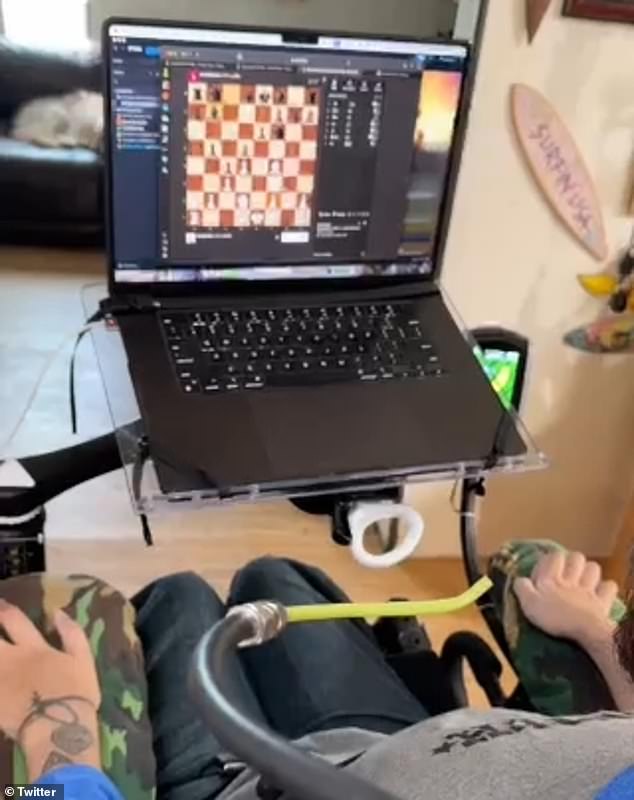 The disabled man, who suffered a freak diving accident eight years ago which left him paralyzed from the shoulders down, has managed to play online chess using only his mind.