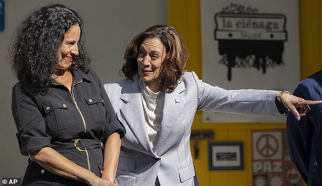 Vice President Kamala Harris clapped, smiled and swayed to the music playing outside her tour of a cultural center in Puerto Rico on Friday, but stopped abruptly when it appeared that Executive Director Mariana Reyes (left) informed her about the translation of the letter.