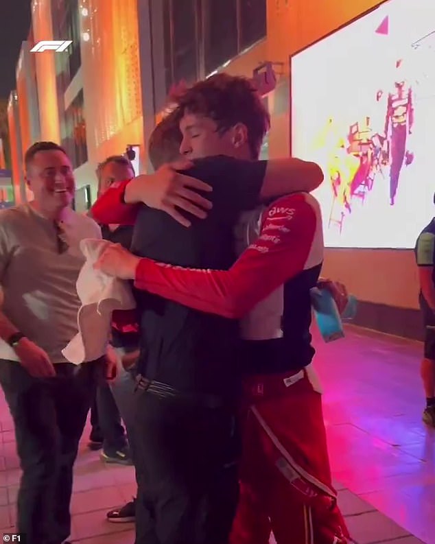 Oliver hugged his father, David Bearman, after his impressive race during the Saudi Arabian Grand Prix in Carlos Sainz's Ferrari.