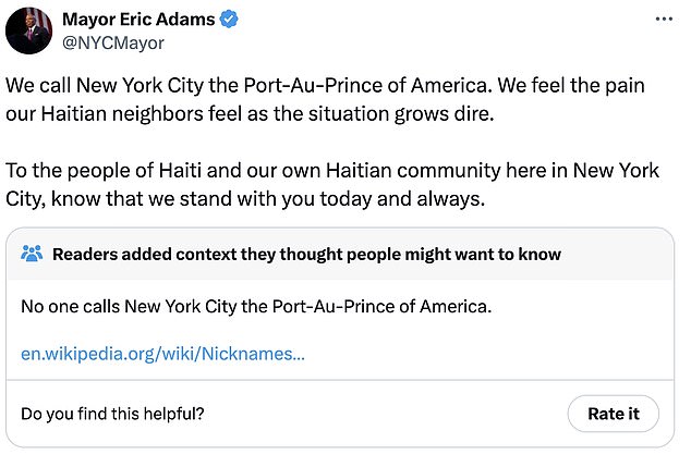 Mayor Eric Adams is mocked on X after calling New York City 'The Port-Au-Prince of America' in a tweet aimed at showing support for Haitians in the US