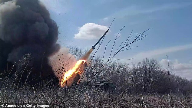 A screenshot captured from video shows MLRS Uragan crews of the Russian Troop Group Vostok launching missile attacks towards Ukrainian positions in Donetsk on March 29, 2024.