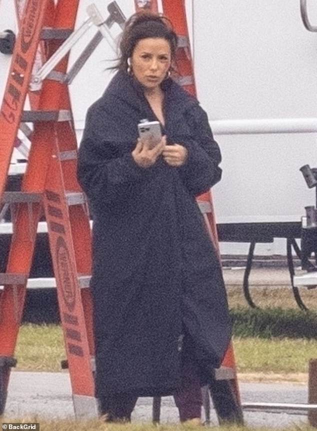Eva Longoria, 49, sported a nasty bruise on her face, courtesy of the makeup department on the set of The Pickup in Atlanta this week.