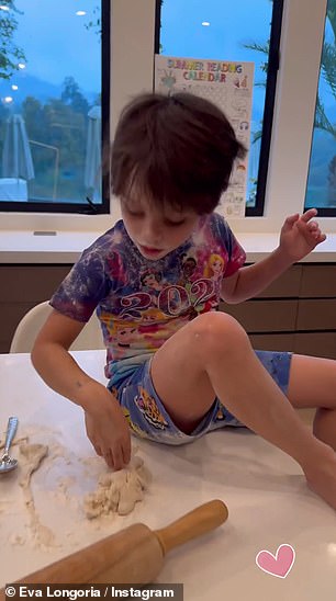 Longoria shared a video of morning breakfast preparations that shows her five-year-old son Santiago making tortillas.