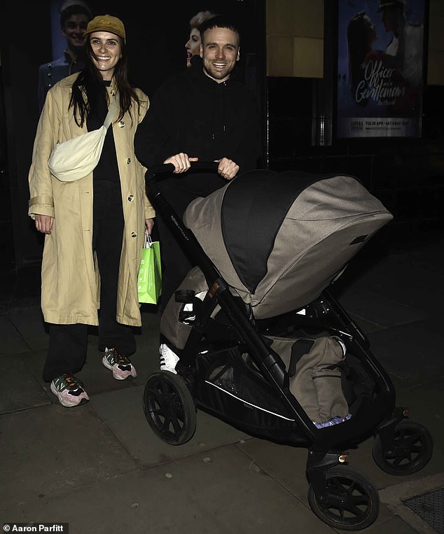 Former Emmerdale star Chelsea Halfpenny, 32, was seen for the first time since welcoming her baby girl in June as she was greeted at the stage door by James Baxter, 33 , in Manchester on Monday evening.