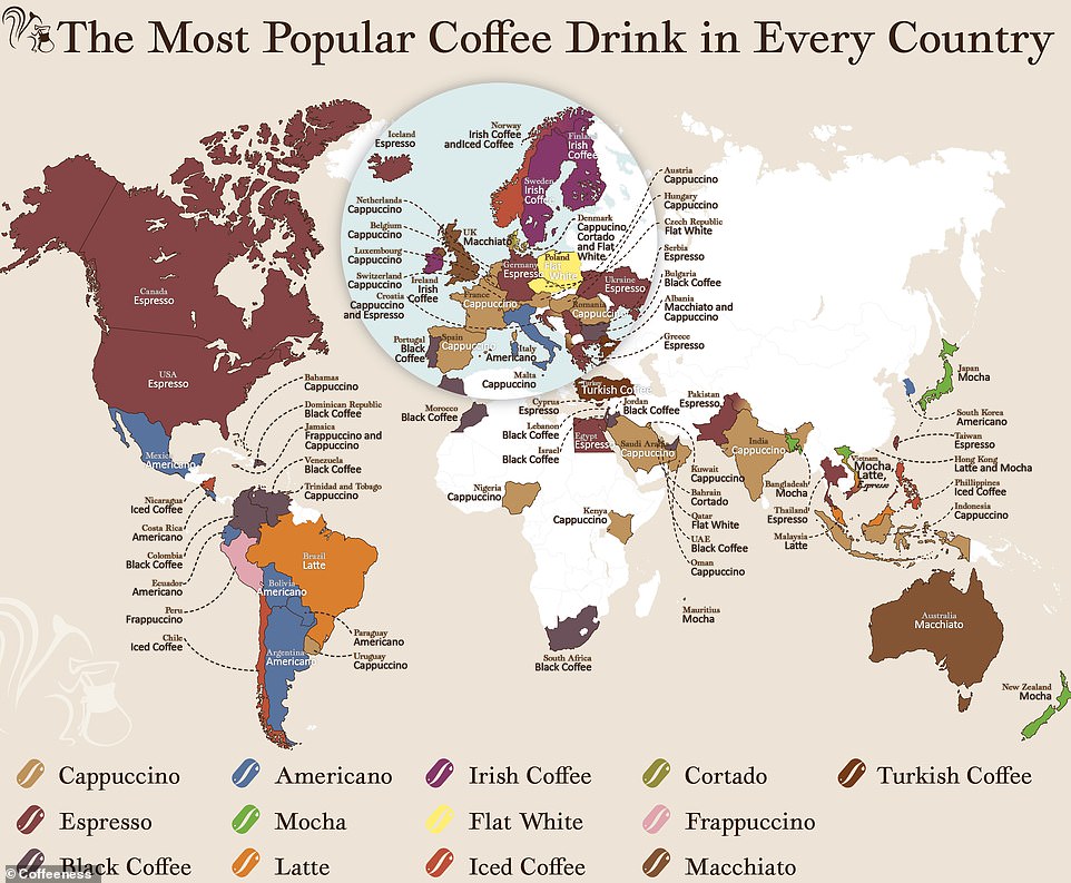This fascinating world map reveals each country's favorite way to consume coffee - and cappuccino is #1 overall.