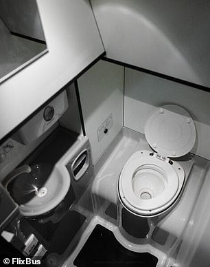 Each bus has a bathroom on board, like the one shown above.
