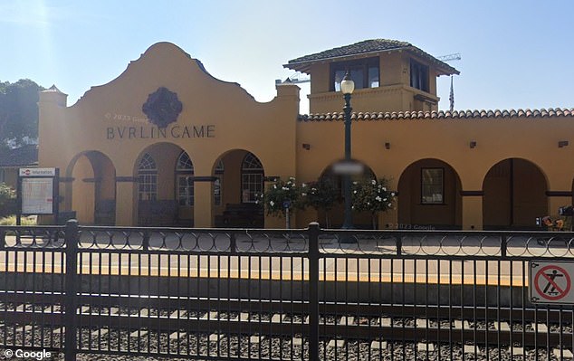 Pictured: Caltrain train station in Burlingame, where Navarro allegedly built an apartment out of an office using approximately $42,000