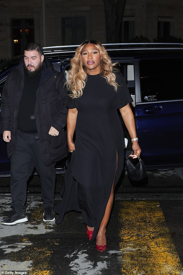 Serena, 42, radiated sophistication in a flowy black dress, which had a side slit to show off her toned legs.