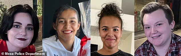 Four women, including two teenagers, from Mesa, Arizona, have been reported missing after failing to return from a family camping trip.  LR: Korie Gilmore, Tenaya Gilmore, Hannah Gilmore and Shelby Berry