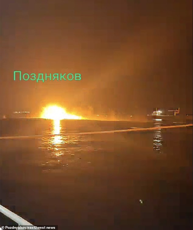 Footage purports to show the ship under fire in Crimea, the latest blow to the Russian navy