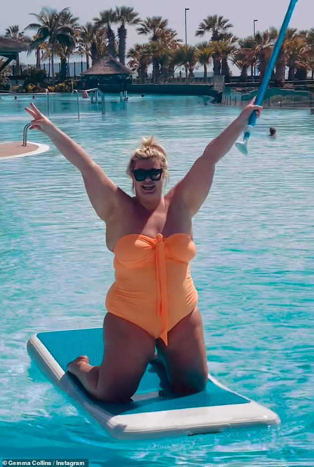 Gemma Collins, 43, slipped into a strapless orange swimsuit as she showed off her impressive balancing skills during her fun holiday in Spain on Tuesday