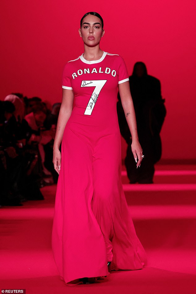 Georgina Rodriguez paid tribute to her footballer boyfriend Cristiano Ronaldo while walking in the Vetements Womenswear Fall/Winter 2024-2025 show during Paris Fashion Week on Friday.