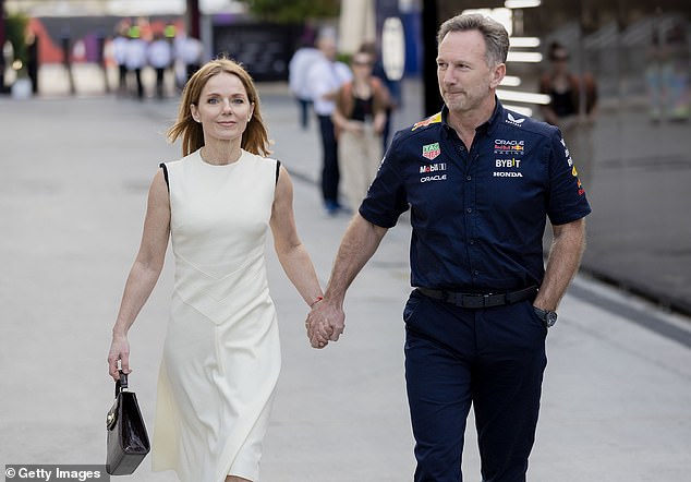 Horner and Geri Halliwell shake hands in a public show of unity at the Bahrain Grand Prix on Saturday.