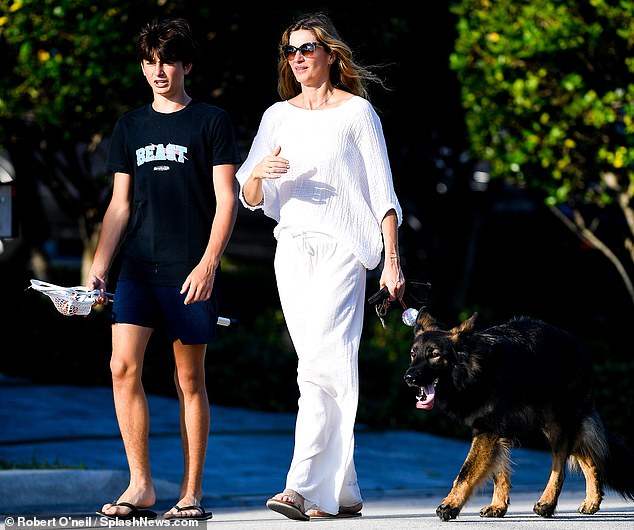 Gisele Bundchen was accompanied by her son Benjamin while walking her dog in Miami on Sunday morning