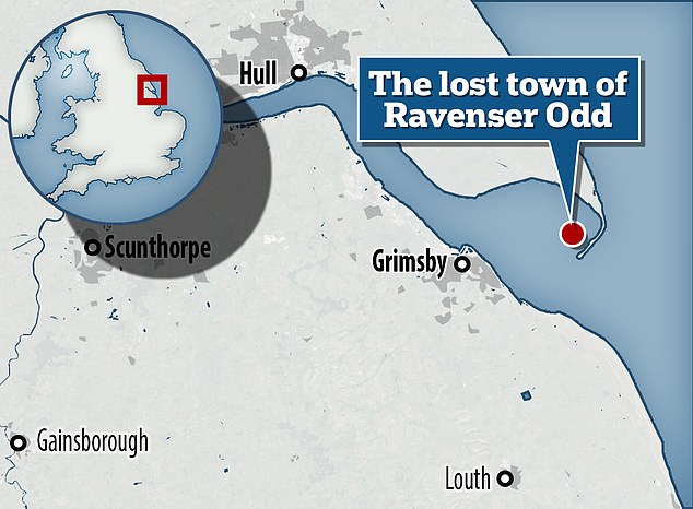 Map showing the location of the ancient island city Ravenser Odd.  It was just west of Spurn Point, the extreme tip of the winding peninsula that separates the North Sea and the Humber Estuary.