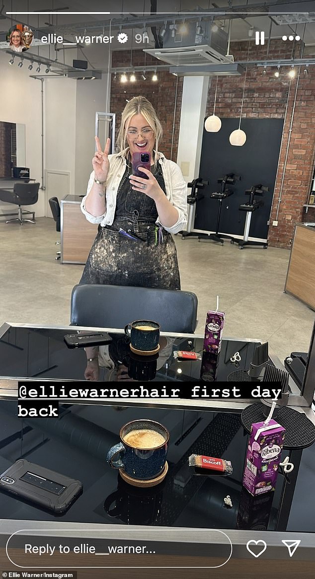 Gogglebox icon Ellie Warner has revealed she has returned to work as a hairdresser for the first time since maternity leave.