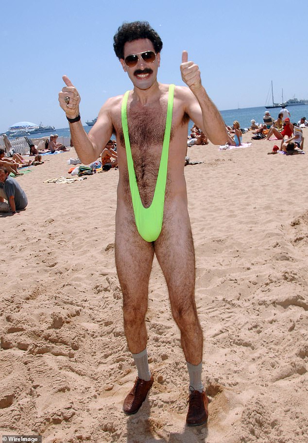 She recreated the famous photograph of the character from Sacha Baron Cohen's mockumentary Borat (pictured) wearing a lime green mankini while standing on the beach giving a thumbs up.