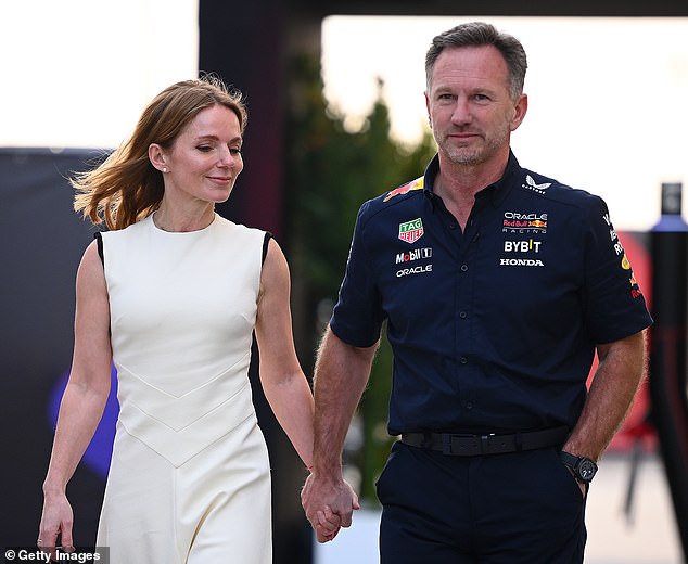 Christian Horner (right) and Geri Halliwell (left) walked hand in hand on the track in Bahrain, despite the scandal surrounding the Red Bull team principal.