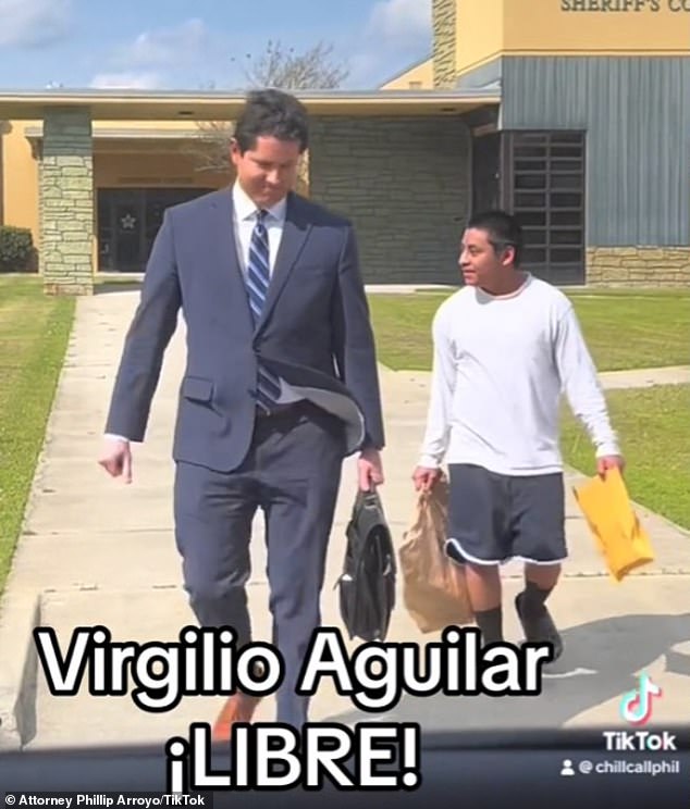 Aguilar Mendez's lawyer Phillip Arroyo has released a video of him walking free, with the teenager nodding and smiling as they stroll out of police custody together