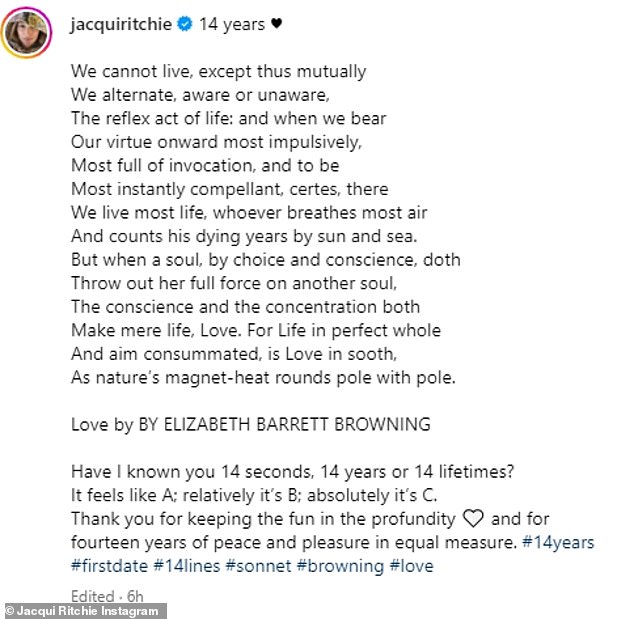 Jacqui shared Elizabeth Barrett Browning's poem Love alongside a cute beach selfie on Instagram on Tuesday