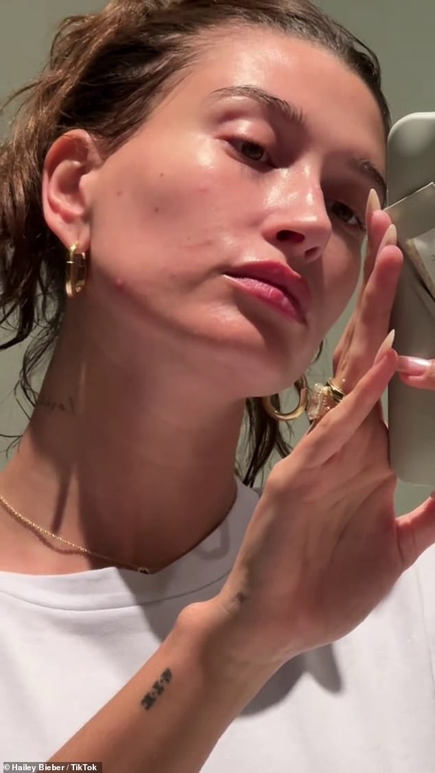 Hailey Bieber, 27, took off her makeup in a TikTok video to talk about her experience with perioral dermatitis and how she copes with it.