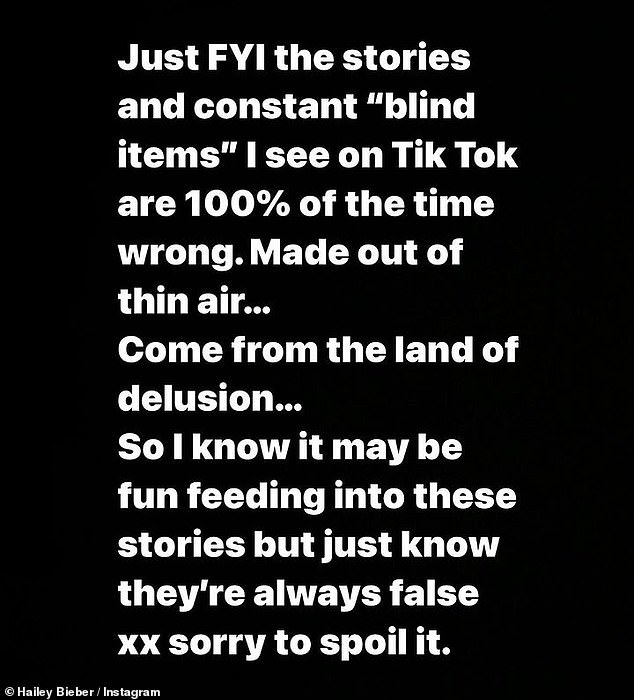 She wrote: 'Just FYI on the stories and constant "blind objects" I look at TikTok is wrong 100% of the time. Made of thin air ... comes from the land of delusion'